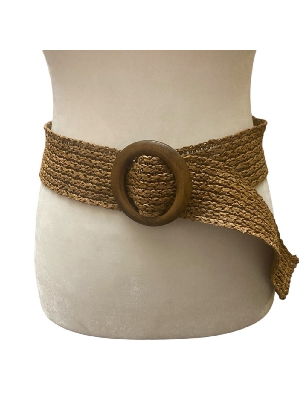 Vintage 1970s Style Bohemian Wide Woven Raffia Belt with Wooden Buckle Hippie